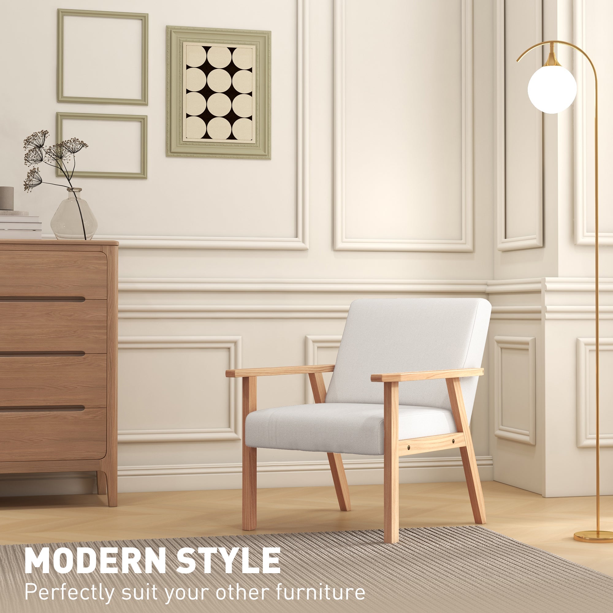 HOMCOM Modern Armchair, Linen Upholstered Accent Chair with Solid Wood Legs and Wide Seat, Padding Lounge Chair for Living Room Bedroom Office, Cream White
