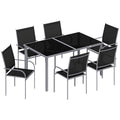 Outsunny 7 Piece Outdoor Garden Dining Set with Table and 6 Stackable Chairs, Steel Frame, Tempered Glass Top, Mesh Seats, Black