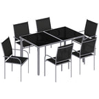 Outsunny 7 Piece Outdoor Garden Dining Set with Table and 6 Stackable Chairs, Steel Frame, Tempered Glass Top, Mesh Seats, Black