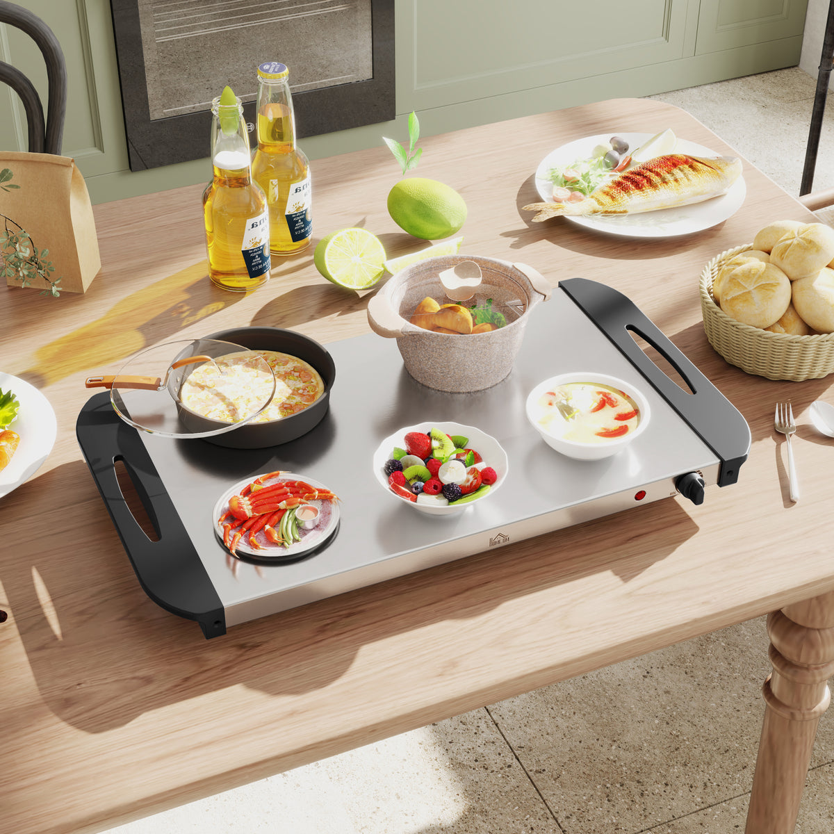 4 Tray Electric Food Warmer Buffet Server with Warming Plate, Cool Touch Handles, Adjustable Temperature, 300W, 2 x 2.4L and 2 x 1L Pans