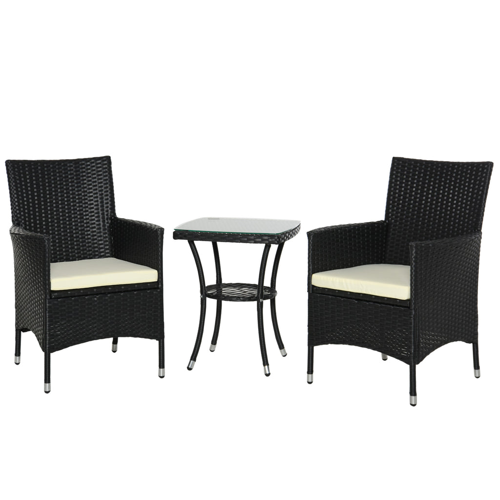 Outsunny 3 Pieces Rattan Bistro Set, Wicker Garden Furniture Set with 2-Tier Coffee Table and Chairs, Cushions, for Outdoor Patio Balcony, Black