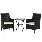 Outsunny 3 Pieces Rattan Bistro Set, Wicker Garden Furniture Set with 2-Tier Coffee Table and Chairs, Cushions, for Outdoor Patio Balcony, Black