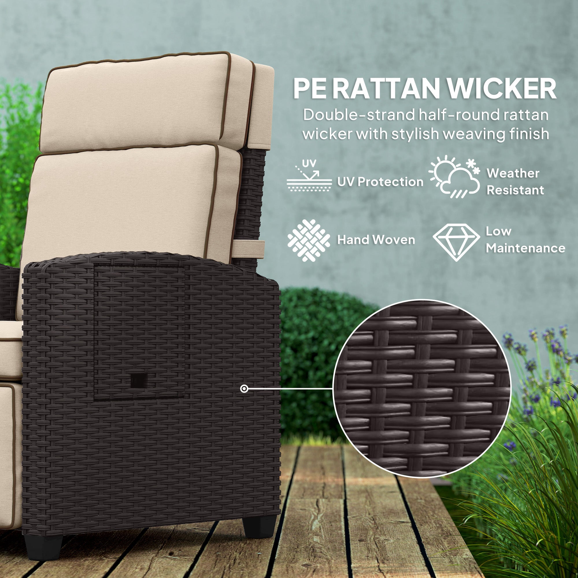 Outsunny 145° Reclining Rattan Armchair, with Footrest - Brown/Khaki