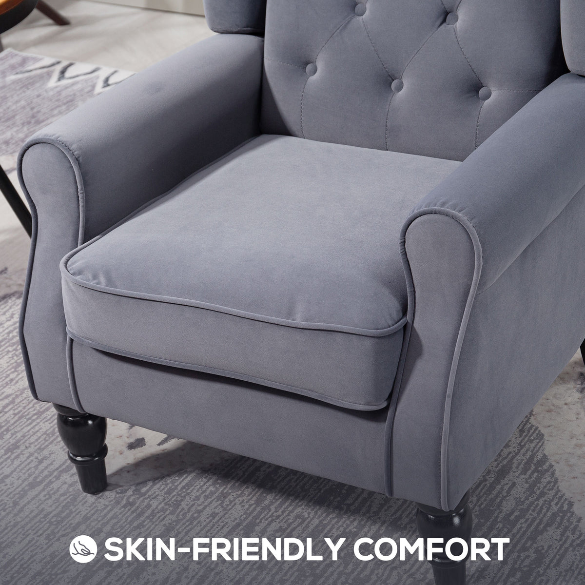 Wingback Accent Chair, Retro Upholstered Button Tufted Occasional Chair for Living Room and Bedroom, Charcoal Grey
