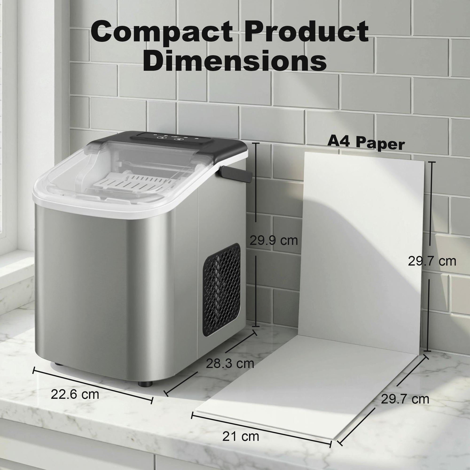 Ice Maker Machine Countertop, 9 Cubes Ready in 7 Mins, 12 KG in 24Hrs, 2 Sizes of Bullet, Self-Cleaning Ice Machine with Handle, Scoop & Basket for Home Kitchen Office RV, Stainless Steel