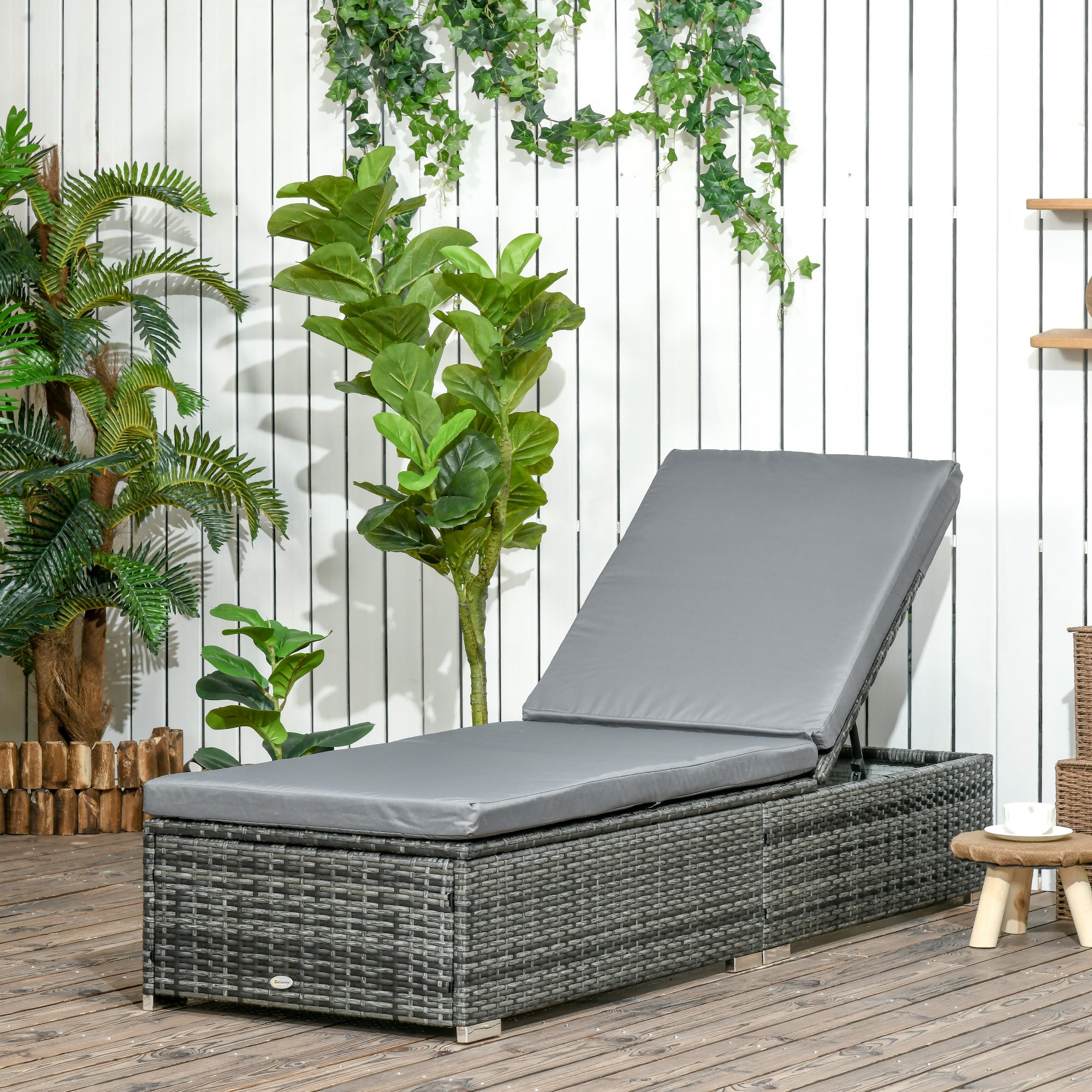 Outsunny PE Rattan Sun Lounger, Five-Position Adjustable Recliner Lounger Chair with Soft Padded Cushion for Patio, Mixed Grey