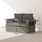 Outsunny 2 Seater Rattan Garden Sofa Outdoor Loveseat with Hidden Side Trays and Cushions for Patio Balcony, Dark Grey