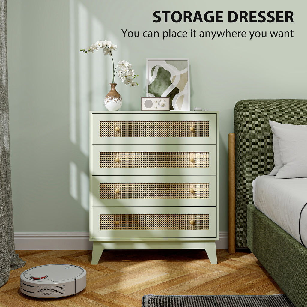 HOMCOM Rattan Chest of Drawers, 4 Drawer Storage Unit with Tapered Legs, Bedroom Storage Organiser Dresser for Bedside, Entryway, Hallway, Living Room, Light Green