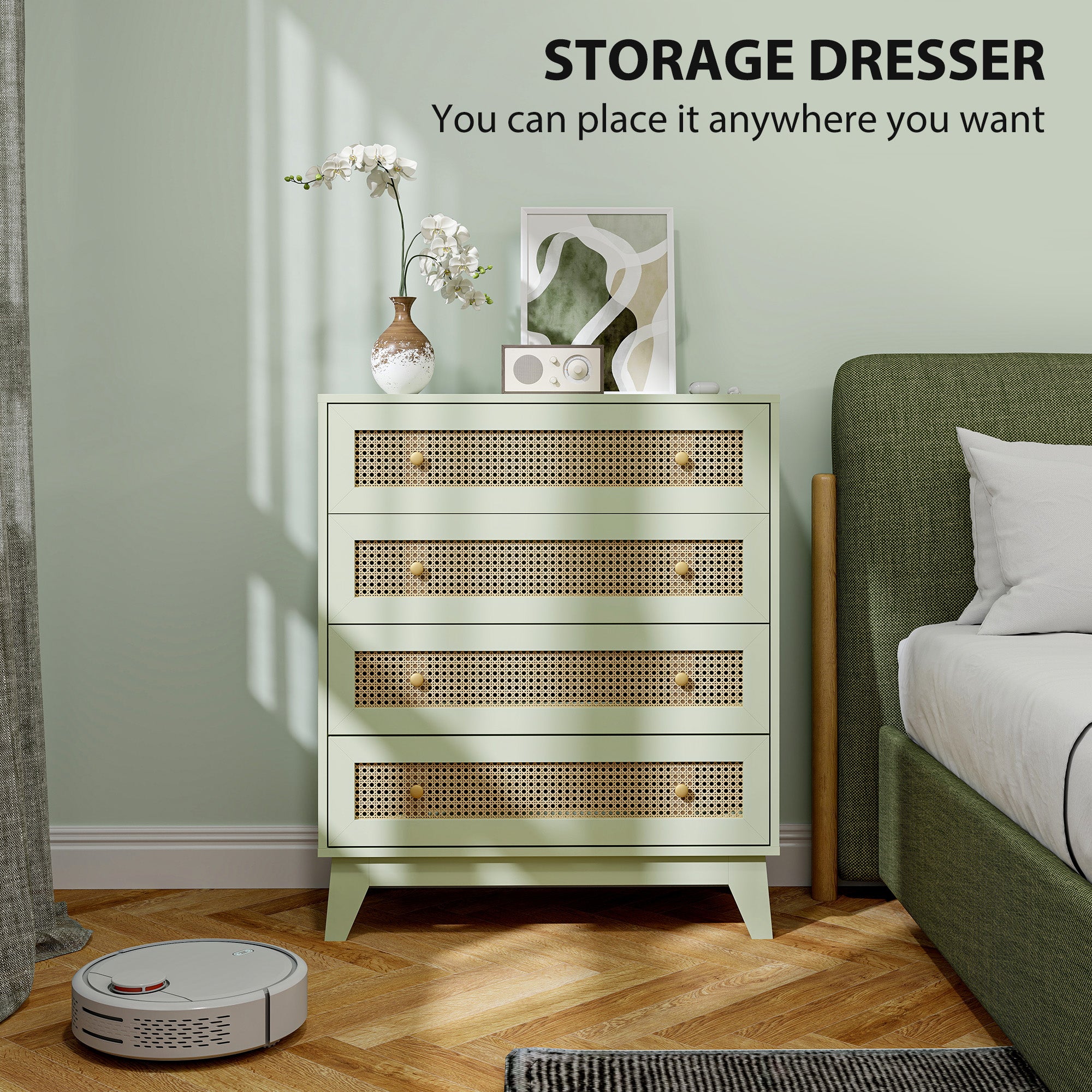 HOMCOM Rattan Chest of Drawers, 4 Drawer Storage Unit with Tapered Legs, Bedroom Storage Organiser Dresser for Bedside, Entryway, Hallway, Living Room, Light Green