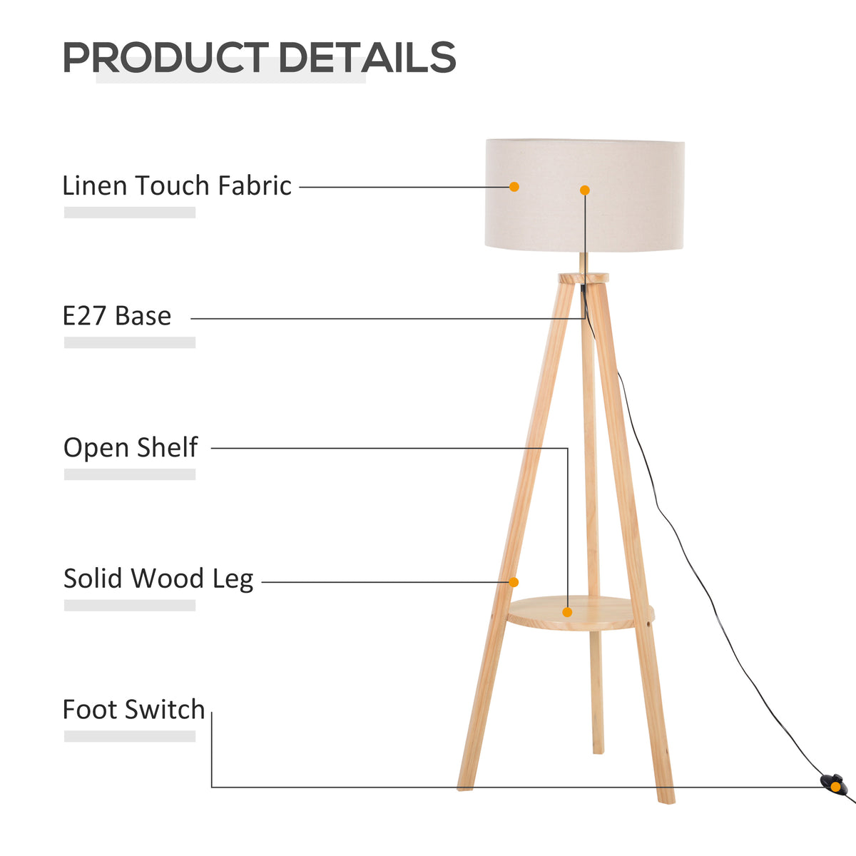 Tripod Floor Lamp, Freestanding Bedside Light Reading Light with Storage Shelf and Linen Shade for Living Room Bedroom, 154cm, Cream