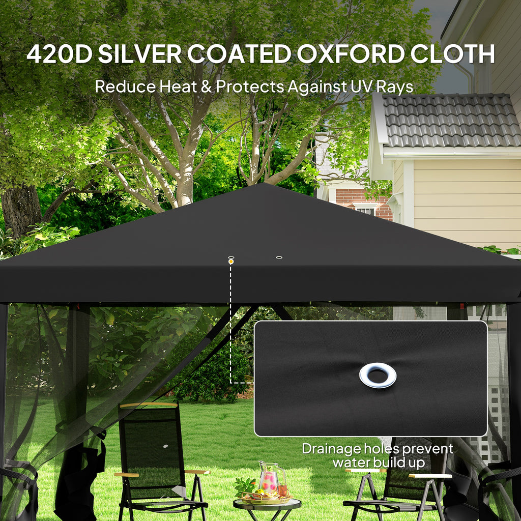 Outsunny 3 x 3 m Pop Up Gazebo, 420D Garden Tent Canopy with Removable Mesh Sidewall Netting, Carry Bag for Garden Patio Outdoor, Black