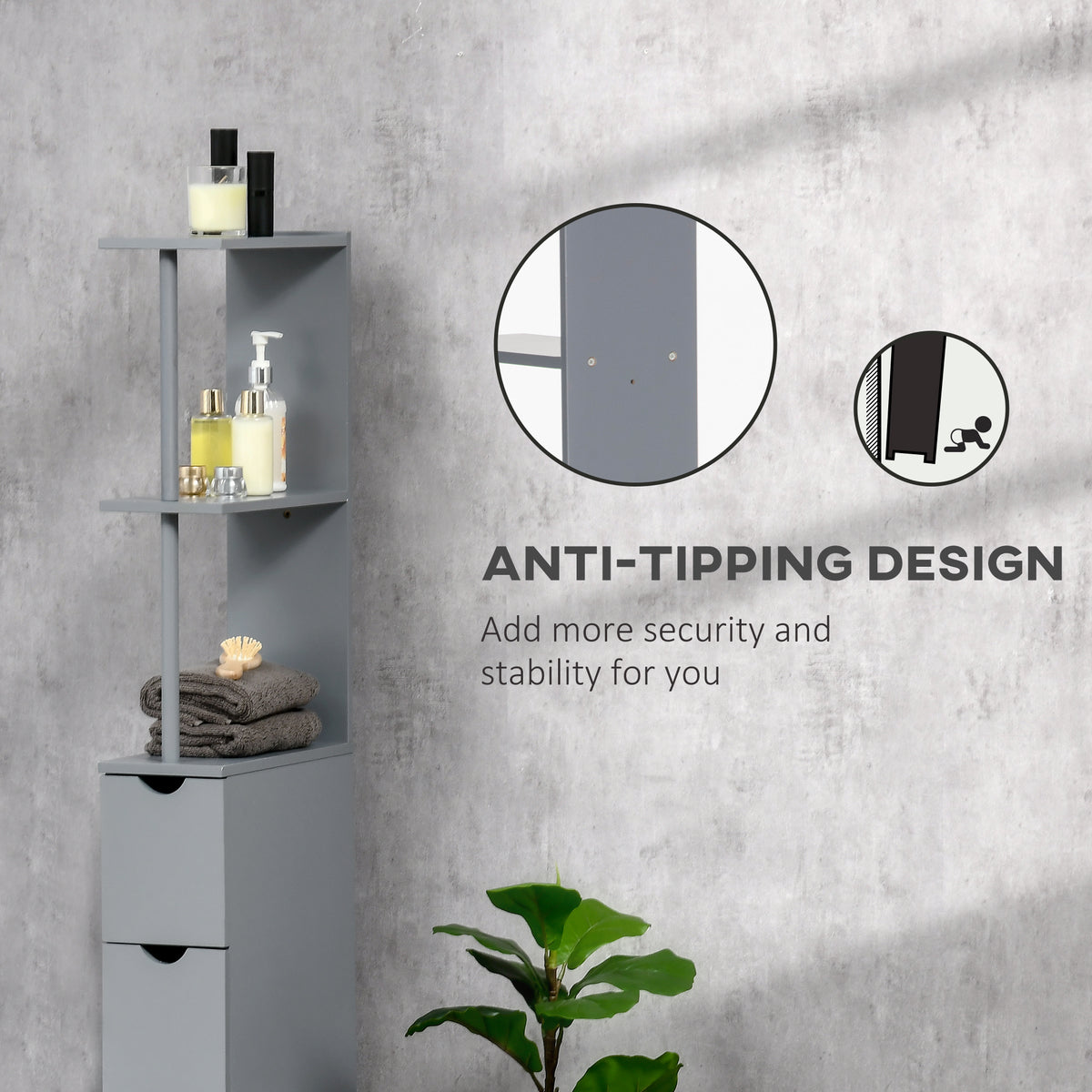 Tall Bathroom Cabinet, Freestanding Slim Bathroom Storage Cabinet with 2-Tier Open Shelf and 2 Drawers for Small Space, Narrow Cupboard Storage Unit, Grey