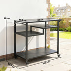 Outsunny Outdoor Grill Cart, Three-Tier Pizza Oven Stand  with Steel Tabletop, Hooks, Rubbish Bag Holder, Wheels, Black