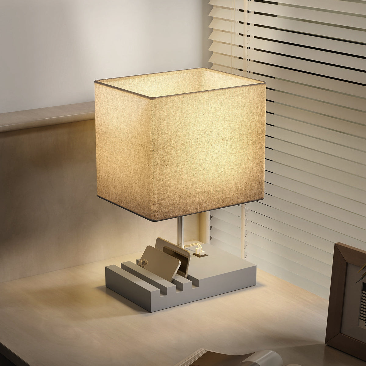 Bedside Lamp with USB A+C Charging Ports and 3 Phone Stands, Modern Table Lamp with Solid Wood Base and Fabric Shade for Bedroom Living Room Office, E27 Socket, Bulb Not Included, Grey