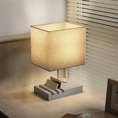 Bedside Lamp with USB A+C Charging Ports and 3 Phone Stands, Modern Table Lamp with Solid Wood Base and Fabric Shade for Bedroom Living Room Office, E27 Socket, Bulb Not Included, Grey