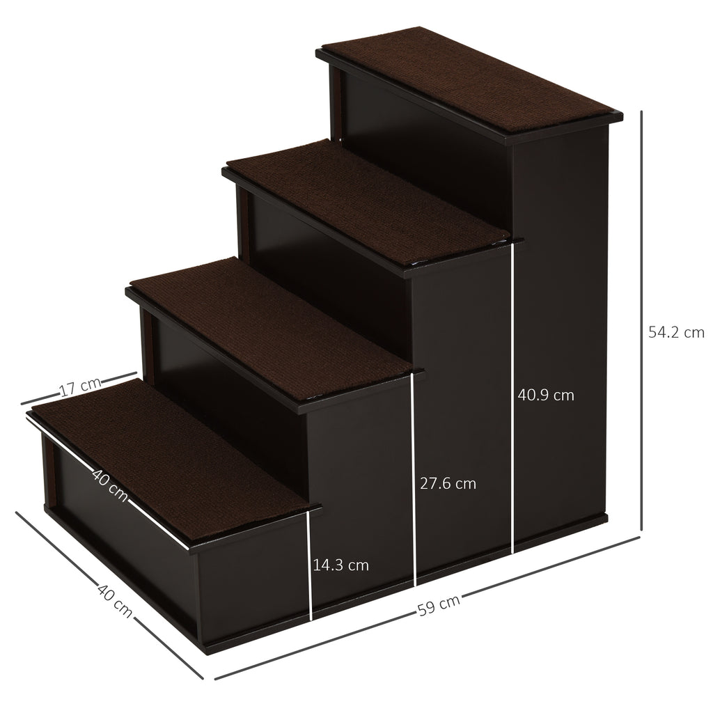 PawHut 4 Step Dog Steps for Bed, Wooden Dog Steps for Sofa, Pet Stairs for Bed Couch with Non-Slip Carpet for Cats and Puppies, 40 x 59 x 54.2 cm, Dark brown