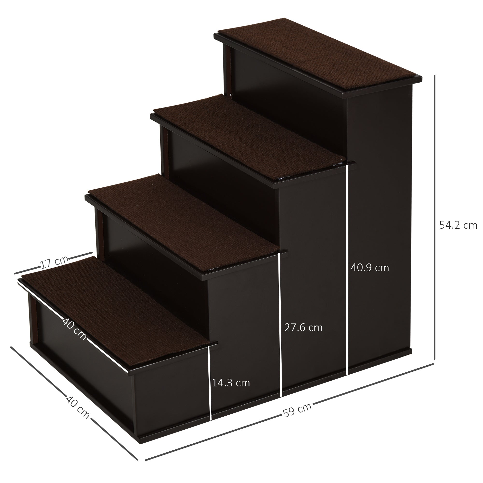 PawHut 4 Step Dog Steps for Bed, Wooden Dog Steps for Sofa, Pet Stairs for Bed Couch with Non-Slip Carpet for Cats and Puppies, 40 x 59 x 54.2 cm, Dark brown
