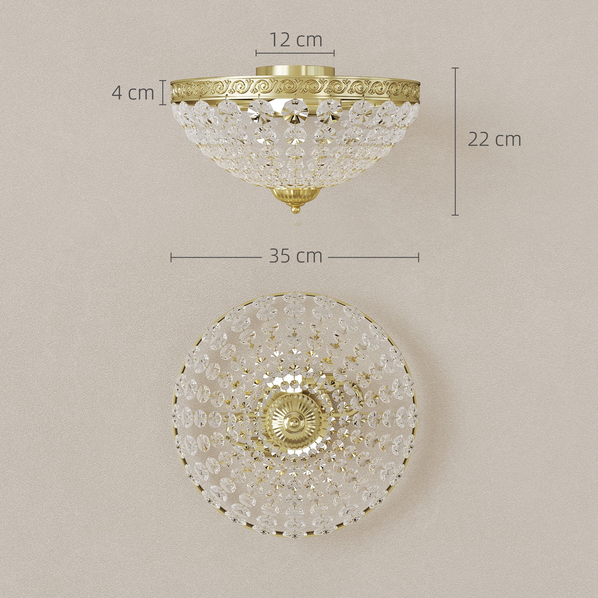 Crystal Chandelier Ceiling Light with 168 Octagonal Beads, Vintage 2-Light Flush Mount Ceiling Light for Living Room, Bedroom, Hallway, Dining Room, Gold Tone