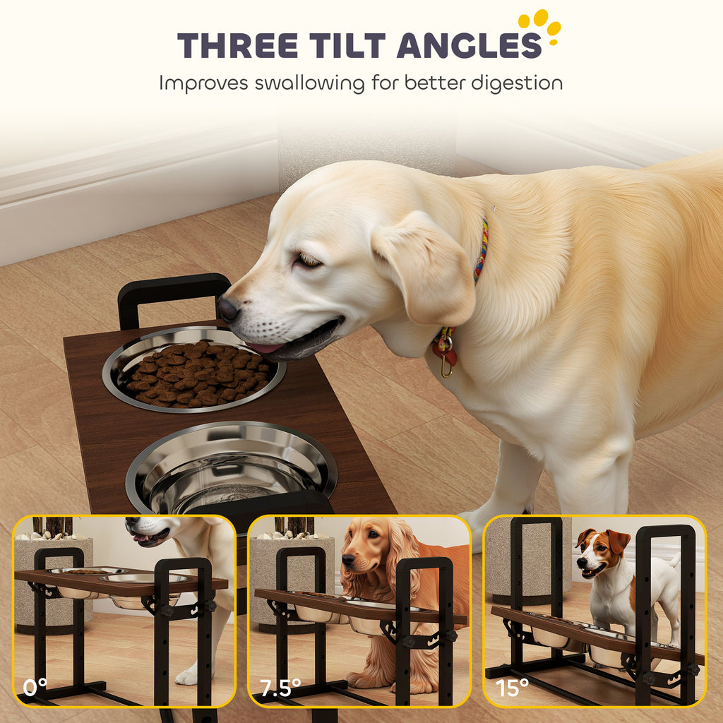 PawHut Raised Dog Bowls with Stand, 4 Heights Adjustable Pet Feeder with 3 Adjustable Angles for Small, Medium & Large Breeds, Brown