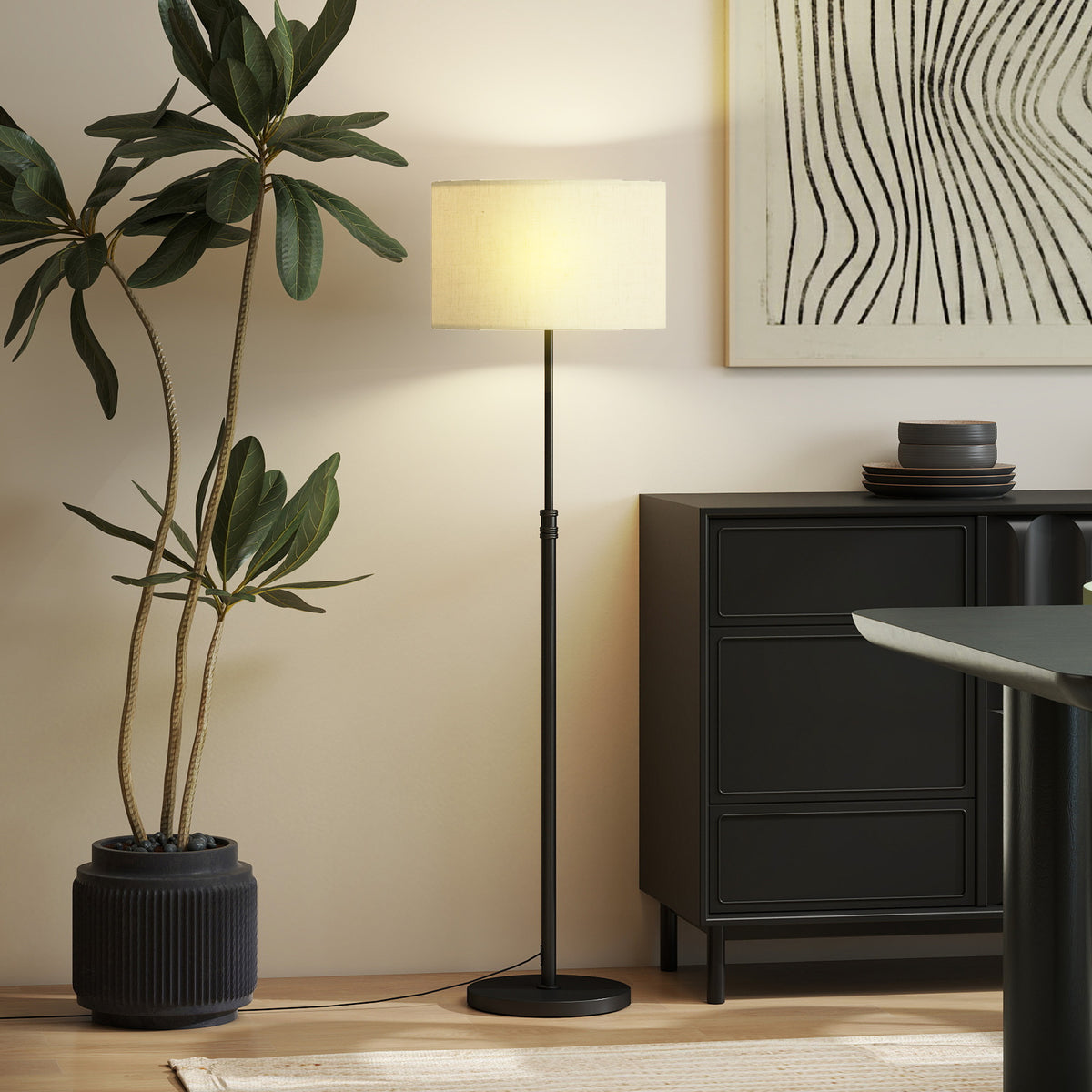 Floor Lamp with Remote, Height Adjustable Standing Lamp with Linen Shade, Dimmable with 3000K-6000K Adjustable Colour Temperatures, Foot Switch for Living Room Bedroom Office, Black