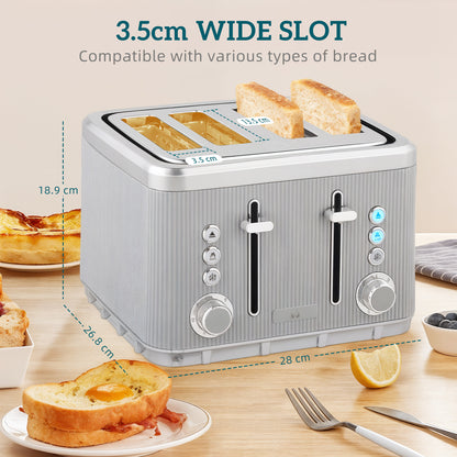 Electric Stainless Steel Kettle and Toaster Set, 3000W 1.7L UK Strix Thermostat Fast Boil Kettle w/ Limescale Filter, Cool Touch Body, 4 Slice Toaster with 7 Browning Levels, Taupe