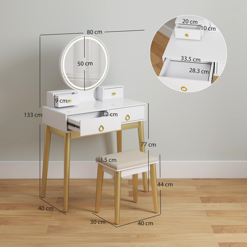 HOMCOM Dressing Table Set with Mirror, Built-in 3 Color LED Light, Vanity Makeup Table with 4 Drawers and Cushioned Stool for Bedroom, White