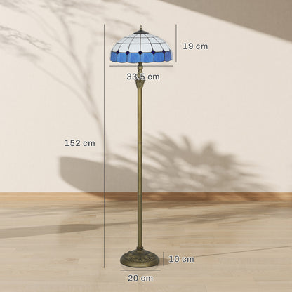 Tiffany-Style Floor Lamp with Handcrafted Stained Glass Shade, 152cm Tall Vintage Standing Lamp with Foot Switch and Dual Sockets for Living Room Bedroom, Bronze Tone and Blue
