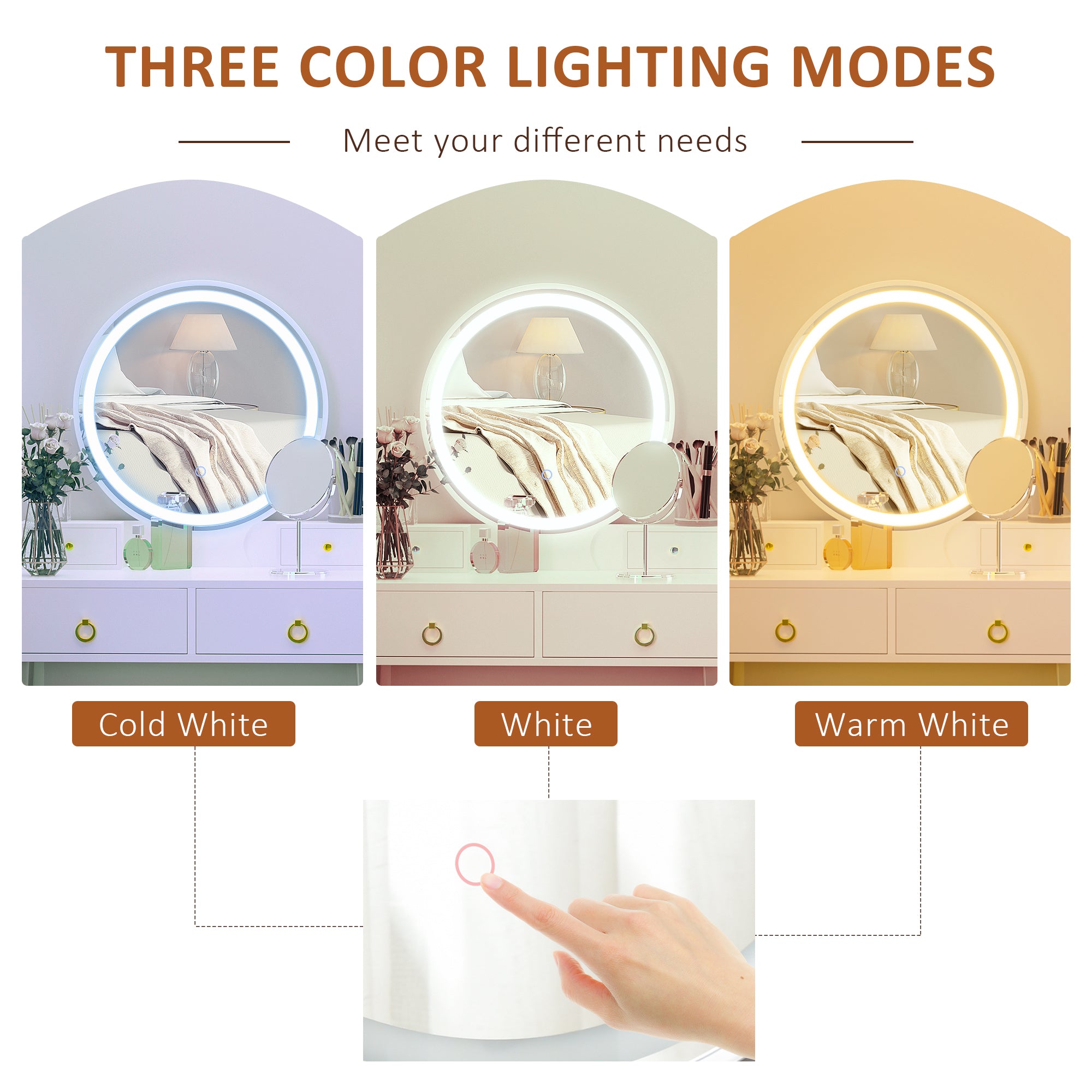 HOMCOM Dressing Table Set with Mirror, Built-in 3 Color LED Light, Vanity Makeup Table with 4 Drawers and Cushioned Stool for Bedroom, White