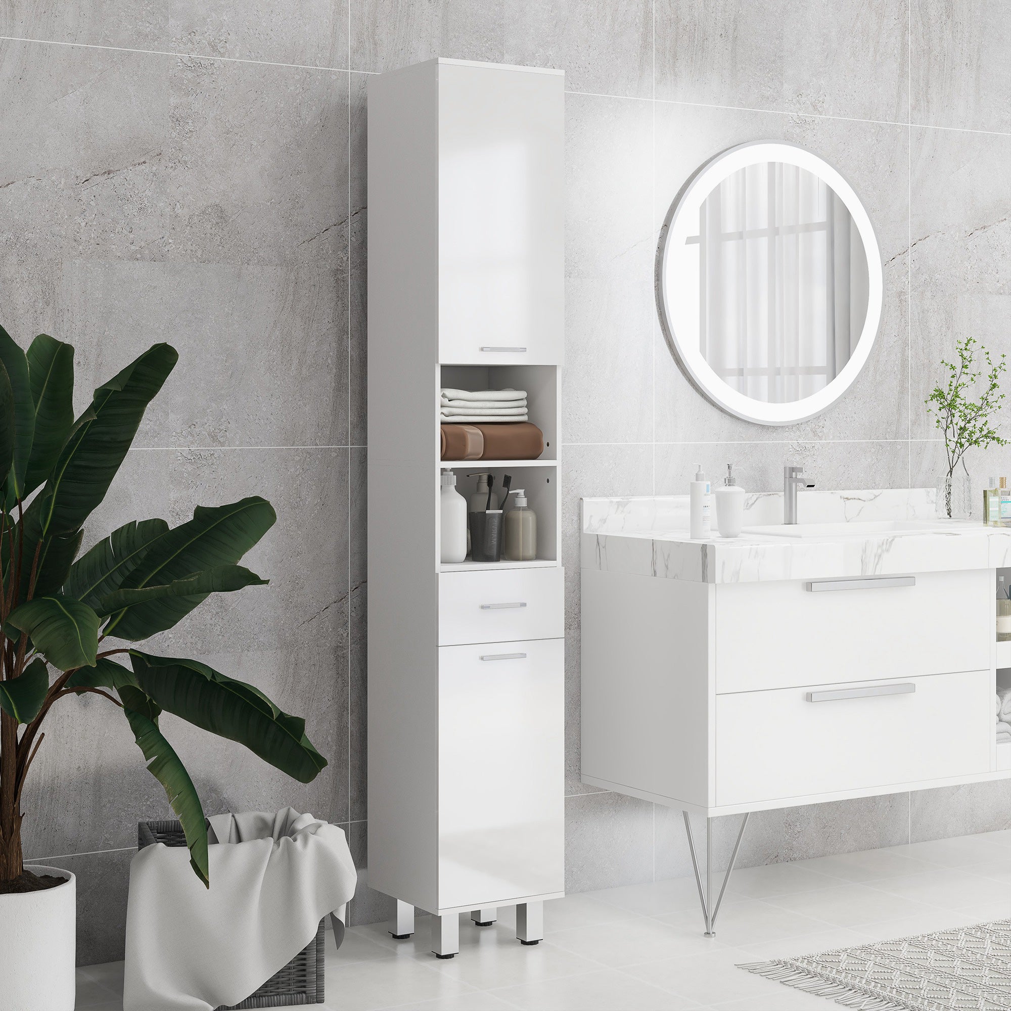 kleankin 71" Tall Slim Bathroom Storage Cabinet, Tall Narrow Cupboard with Drawer, Open Shelves, 2 Doors Cabinets and Adjustable Shelves for Kitchen, Hallway, Living Room, High Gloss White