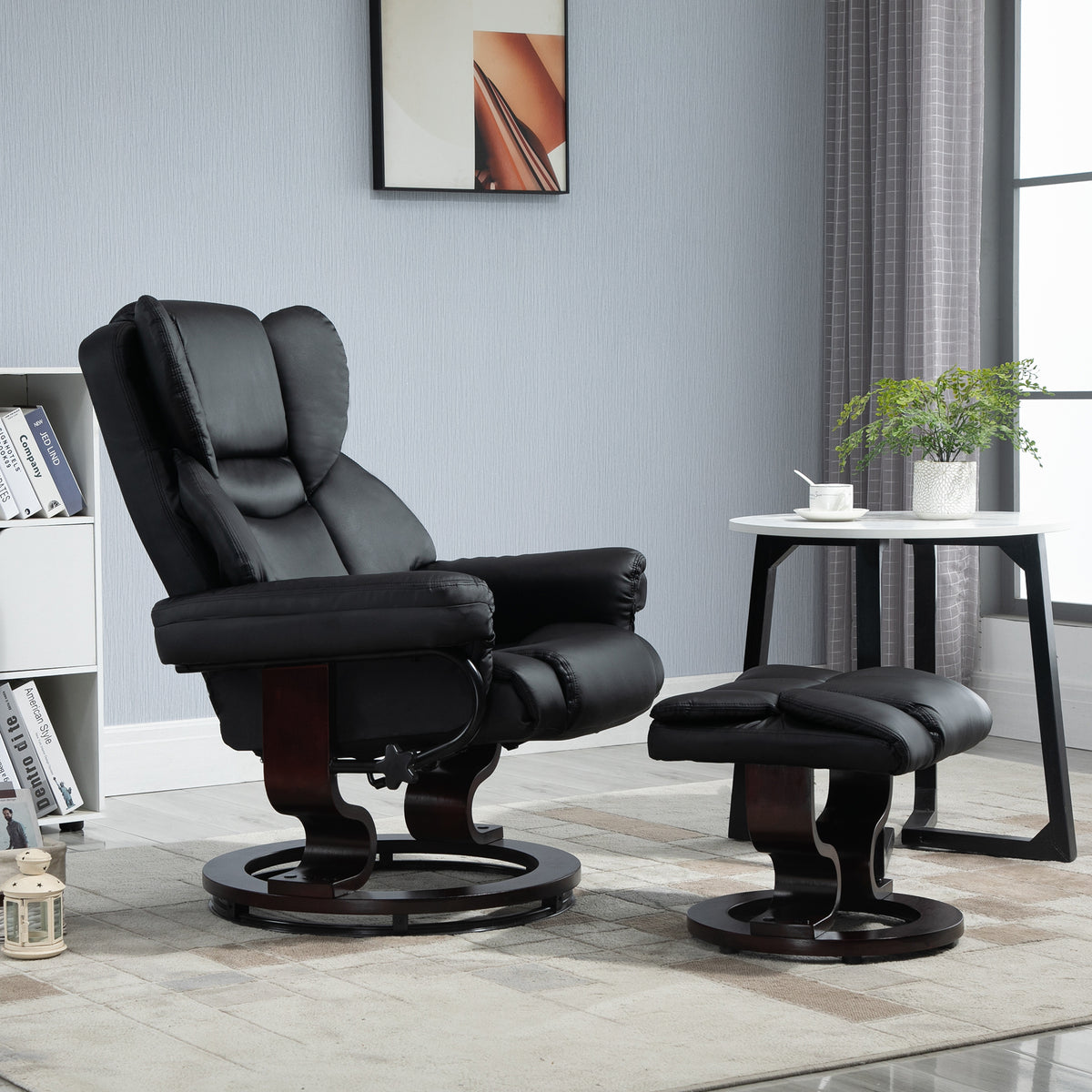 360° Swivel Recliner Chair with Footstool, PU Leather Manual Recliner Armchair with Footstool, Solid Wood Base, Upholstered Reclining Chair for Living Room, Bedroom, Office, Black