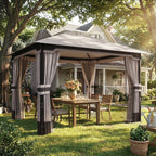 Outsunny 3 x 3.6 m Outdoor Garden Gazebo with Netting and Curtains, Double Roof Patio Gazebo Permanent Pavilion, Khaki