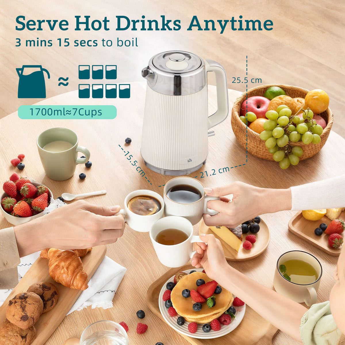 Electric Stainless Steel Kettle and Toaster Set, 3000W 1.7L UK Strix Thermostat Fast Boil Kettle w/ Limescale Filter, Cool Touch Body, 4 Slice Toaster with 7 Browning Levels, Cream White