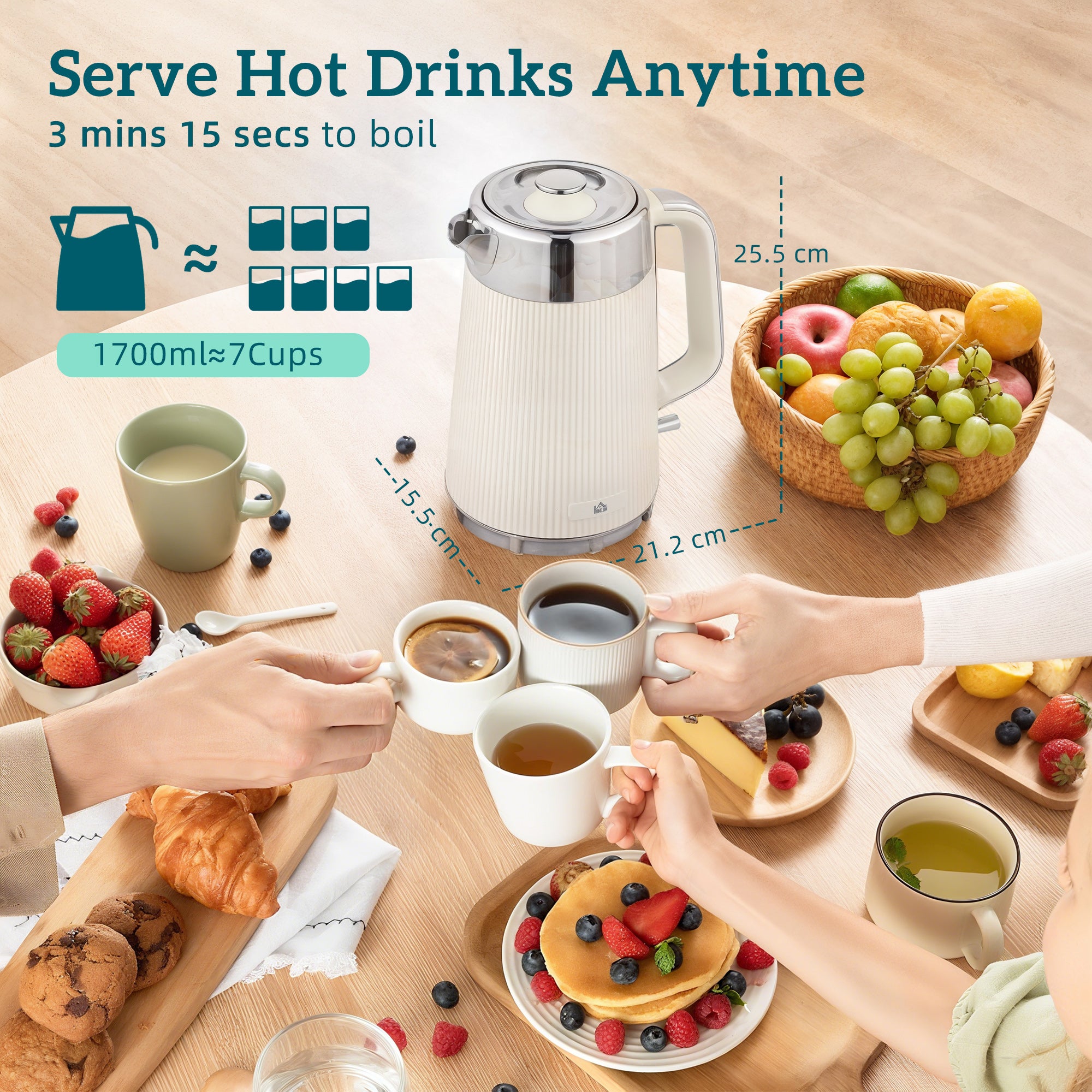 Electric Stainless Steel Kettle and Toaster Set, 3000W 1.7L UK Strix Thermostat Fast Boil Kettle w/ Limescale Filter, Cool Touch Body, 4 Slice Toaster with 7 Browning Levels, Cream White