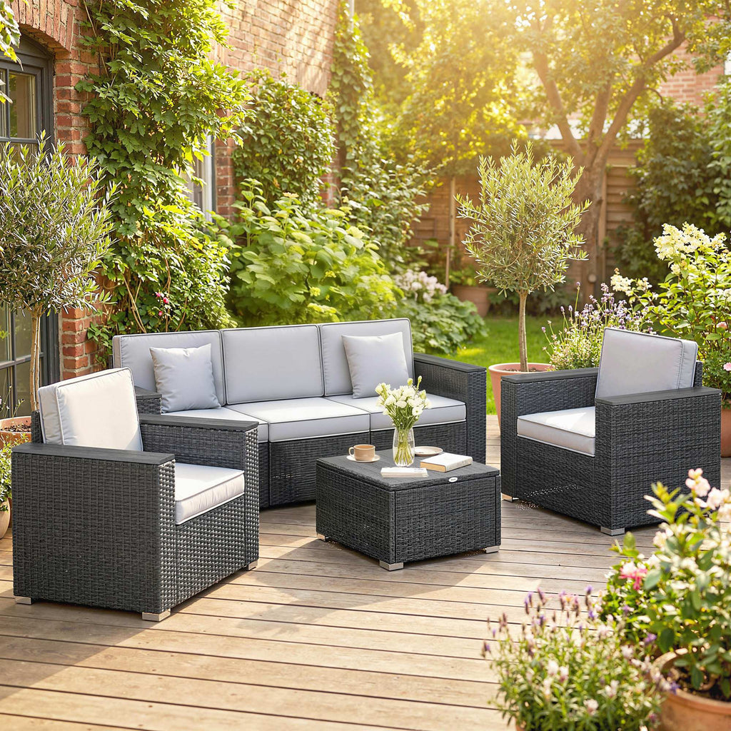 Outsunny 5 Seater Rattan Garden Furniture Set with Wide Armrests, Cushions, Pillows for Patio, Dark Grey