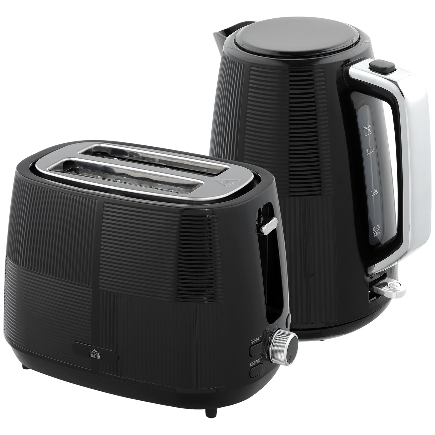 Kettle and Toaster Set, 1.7L 3000W Fast Boil Kettle & 2 Slice Toaster Kitchen Set with 7 Level Browning Controls, Defrost, Reheat, Boil-dry Protection, Black