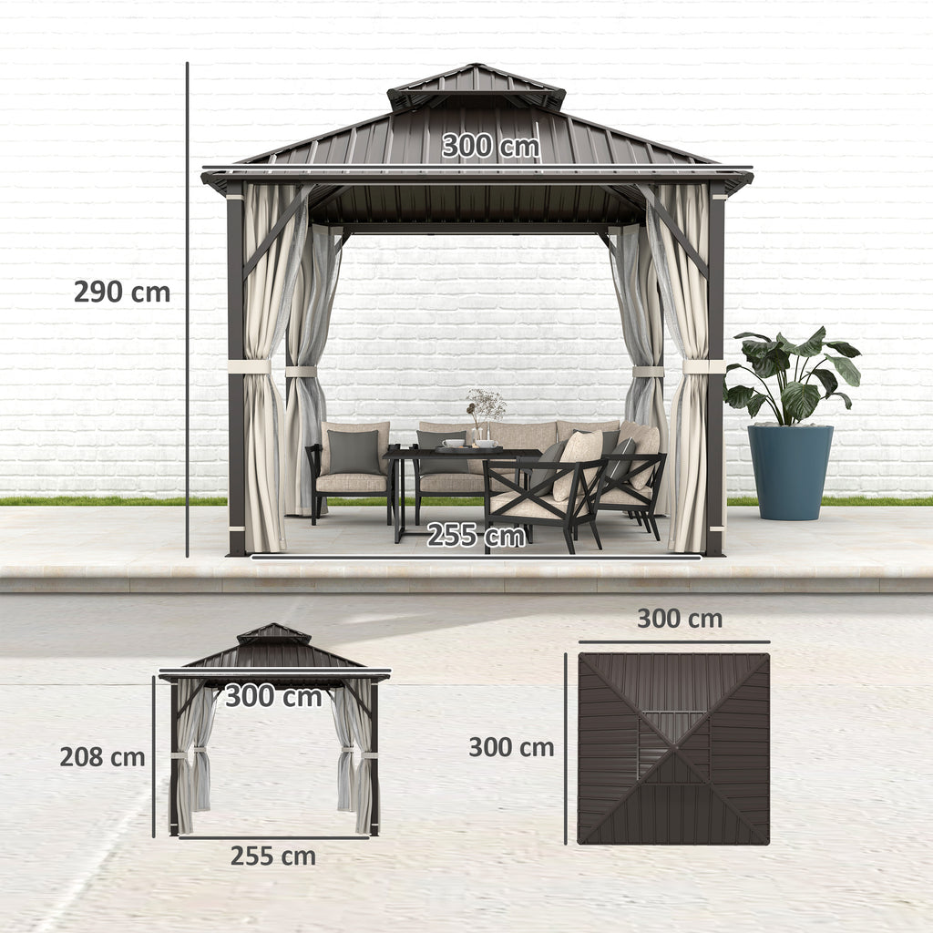 Outsunny 3 x 3(m) Hardtop Gazebo Canopy with Double Metal Roof, Waterproof Permanent Pavilion Garden Gazebo with Netting and Curtains, Easy to Assemble, Beige