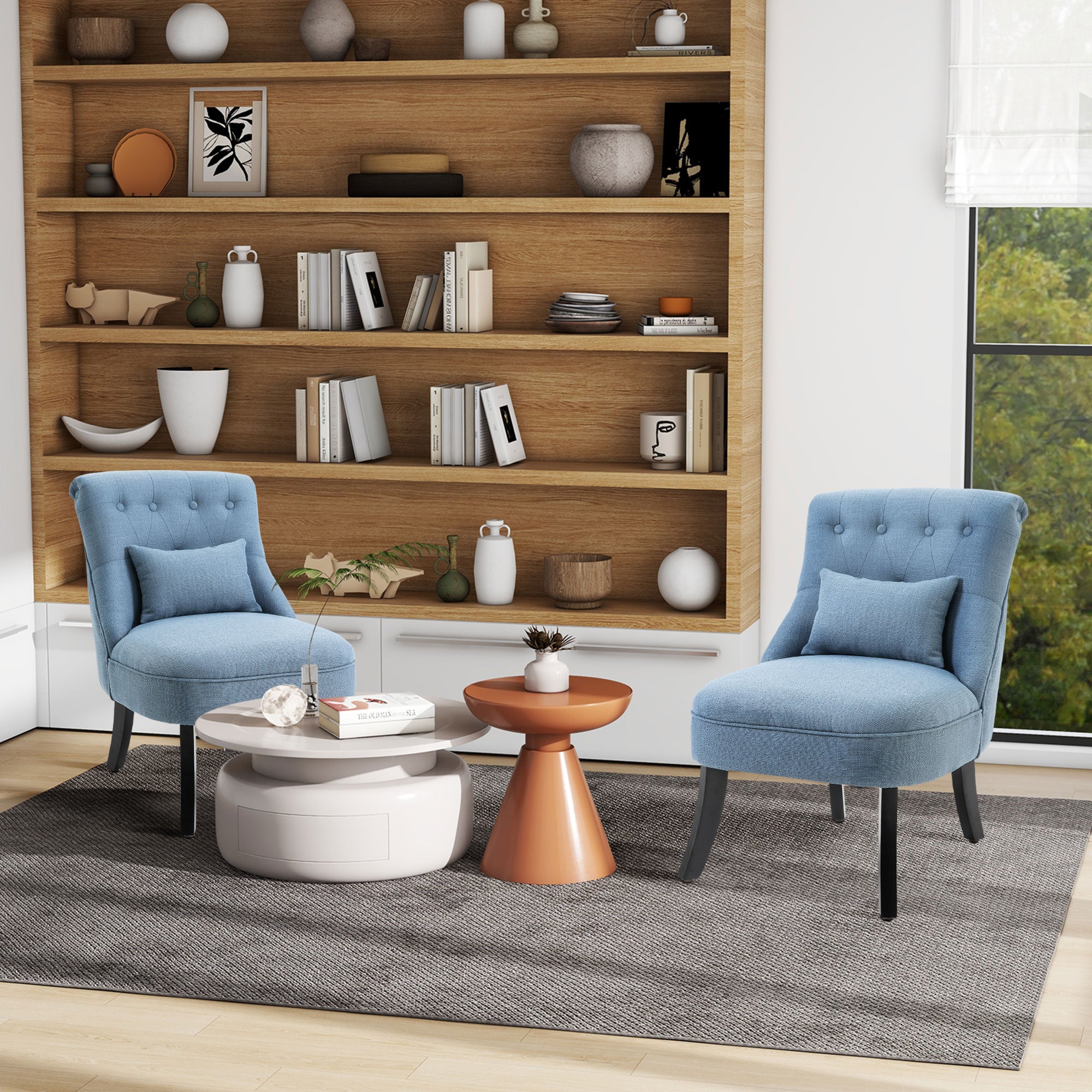 HOMCOM Tub Chair, Armless Single Sofa, Modern Button Tufted Armchair, Upholstered Linen Fabric Longue Accent Chair for Living Room, Bedroom, Set of 2, Blue