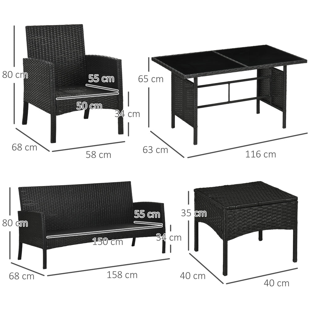 Outsunny 5 Seater Rattan Garden Furniture Set, 6 Piece Garden Sofa Set, Armchairs, 3-Seater Sofa, Footstools, Glass Dining Table, Cushions, Wicker Outdoor Furniture for Conservatory Patio, Cream