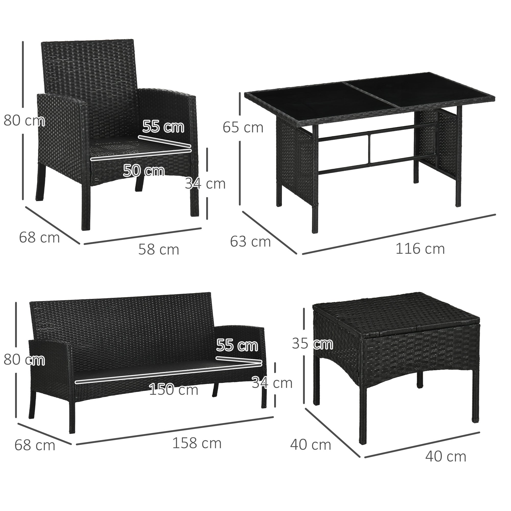 Outsunny 5 Seater Rattan Garden Furniture Set, 6 Piece Garden Sofa Set, Armchairs, 3-Seater Sofa, Footstools, Glass Dining Table, Cushions, Wicker Outdoor Furniture for Conservatory Patio, Cream