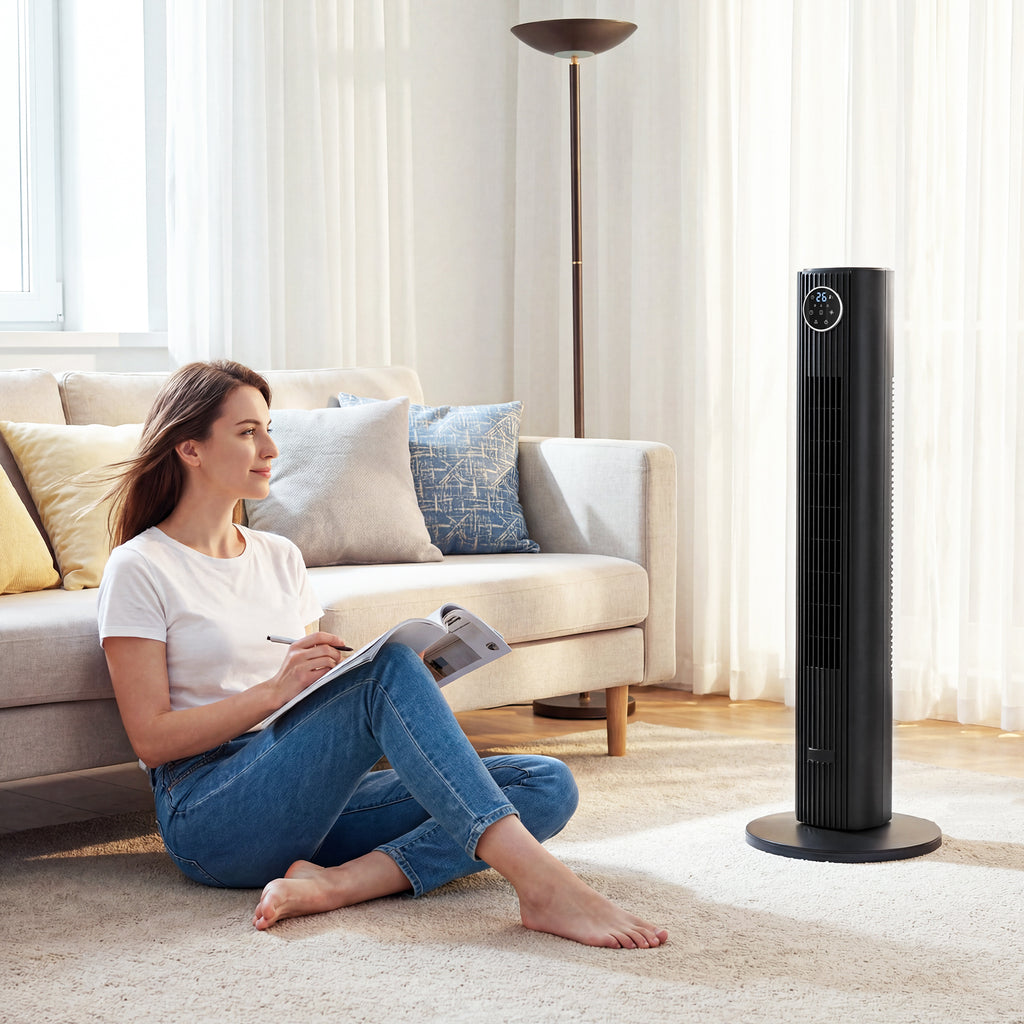28dB Tower Fan for Bedroom, 36 inch, 8 m/s Velocity Standing Cooling Fan with 80° Oscillating, BLDC Motor, 12 Speeds, LED Display, 4 Modes, 12H Timer, Remote Control, Black