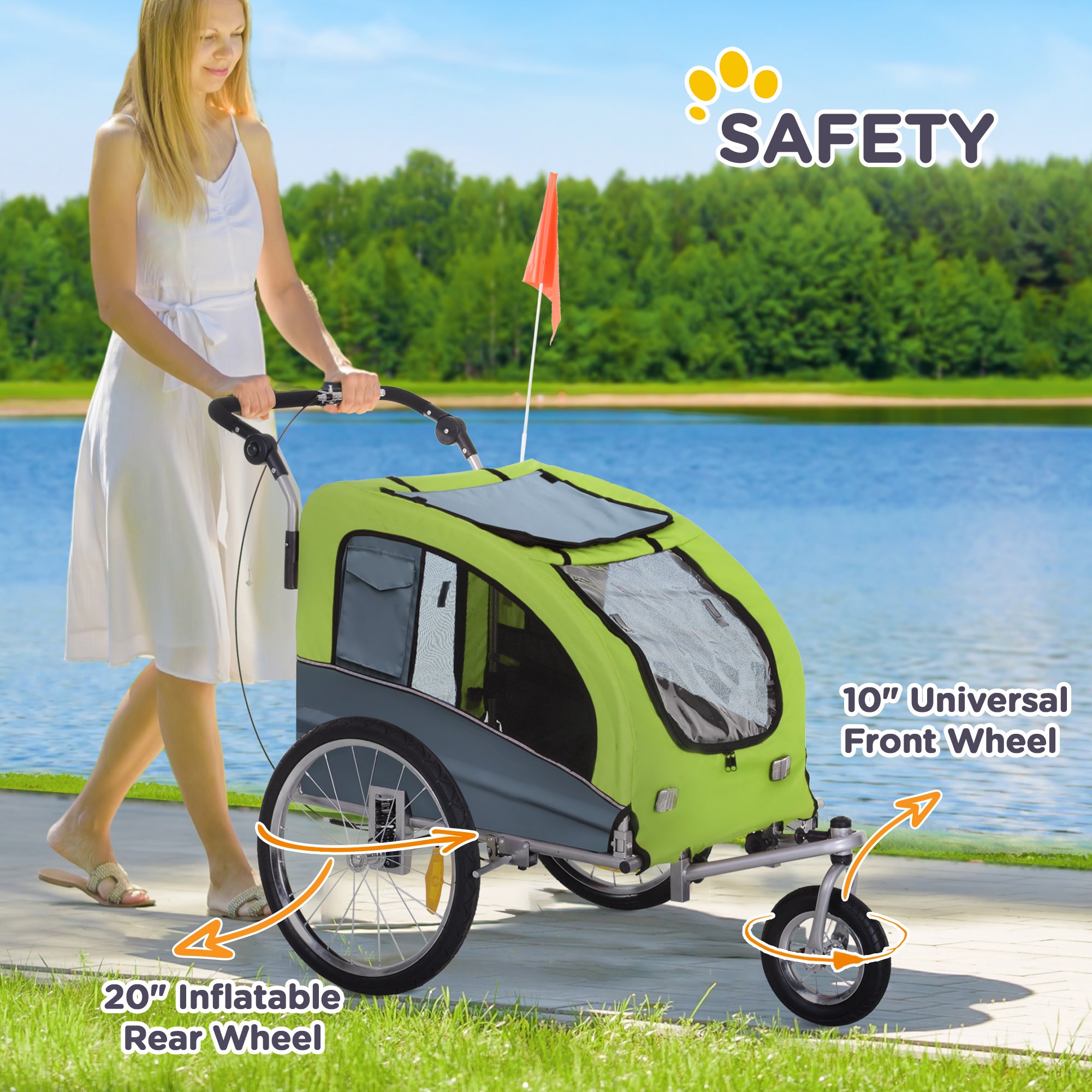 PawHut Dog Bike Trailer Pet Stroller Cart Carrier for Bicycle 360° Rotatable with Reflectors 3 Wheels Hitch Coupler Push/ Pull/ Brake Water Resistant Green