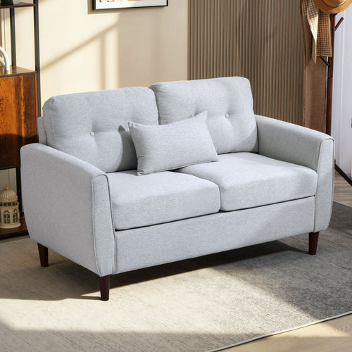 2 Seater Sofa with Spring Cushion, Fabric Sofa with Wooden Legs, Modern Love Seat for Living Room, 140cm Width Tufted Couch for Bedroom, Light Grey