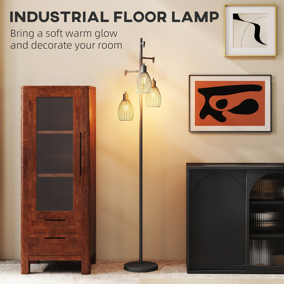 3-Light LED Floor Lamp, 170cm Industrial Dimmable Standing Lamp with Steel Wire Cage Lampshades, 2700K for Living Room, Bedroom, Dining Room, Study, Black
