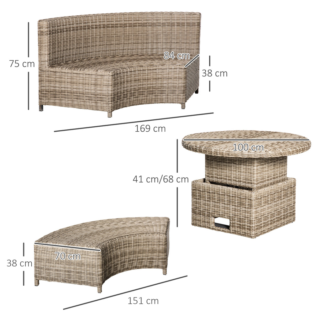 Outsunny 5 Pieces Outdoor PE Rattan Round Garden Daybed with Cushions, Aluminium Lounge Chair Conversation Sofa Set with Liftable Coffee Table and Protect Cover, Grey
