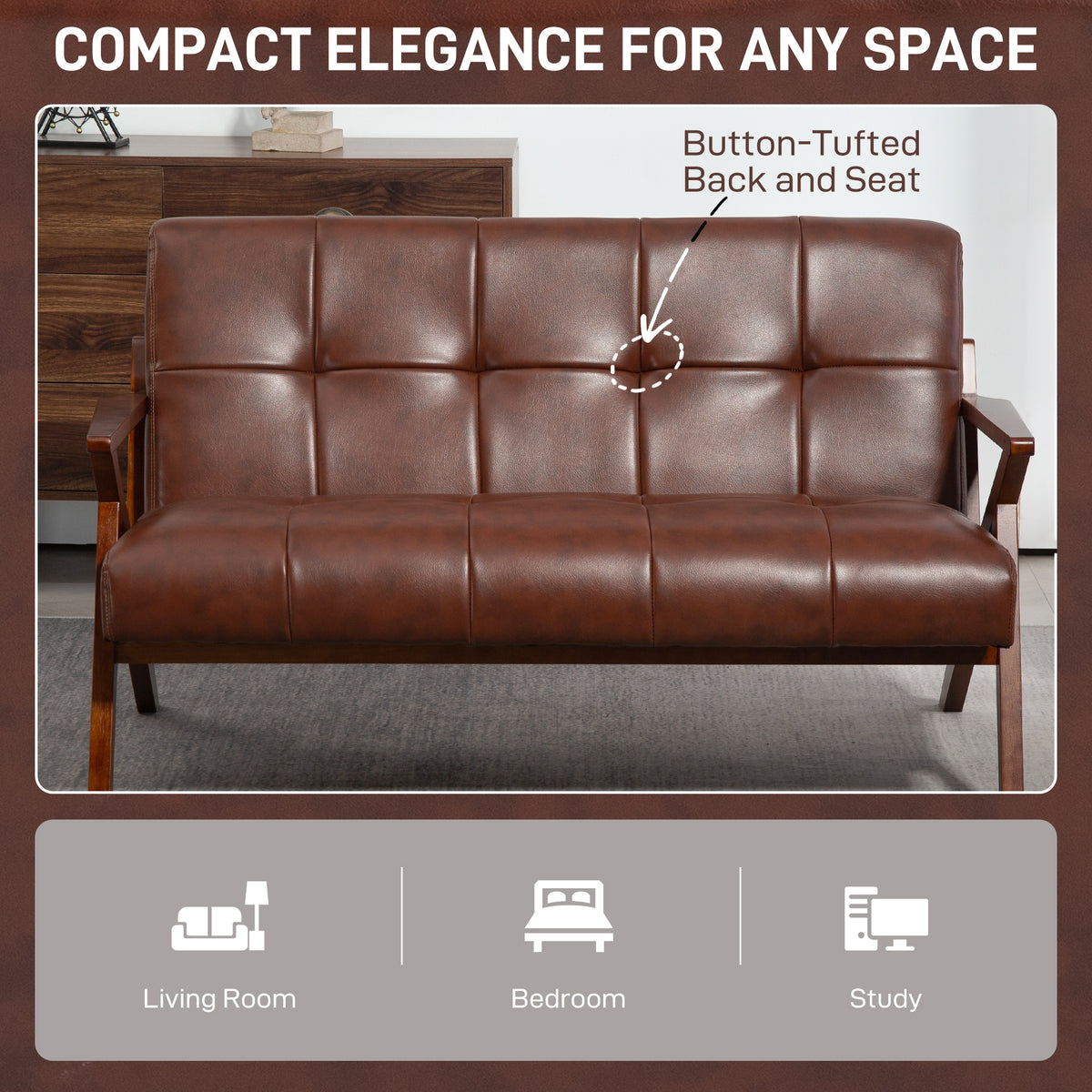 Compact 2 Seater Sofa, Vintage Tufted Loveseat Sofa with Solid Wood Legs, PU Leather Small Couch Settee for Living Room, Bedroom, Home Office, 133 x 81 x 78.5 cm, Brown