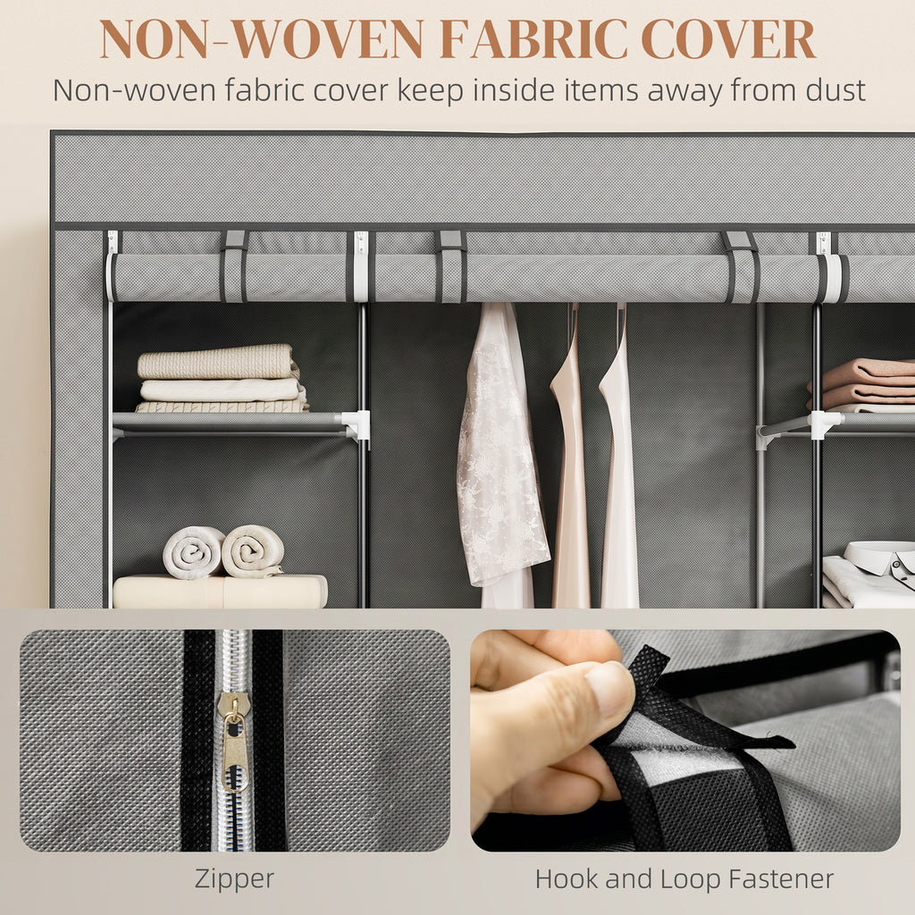 Clothes Storage Organiser with Hanging Rail, Shelves, Portable Wardrobe, Foldable Fabric Wardrobe, Light Grey