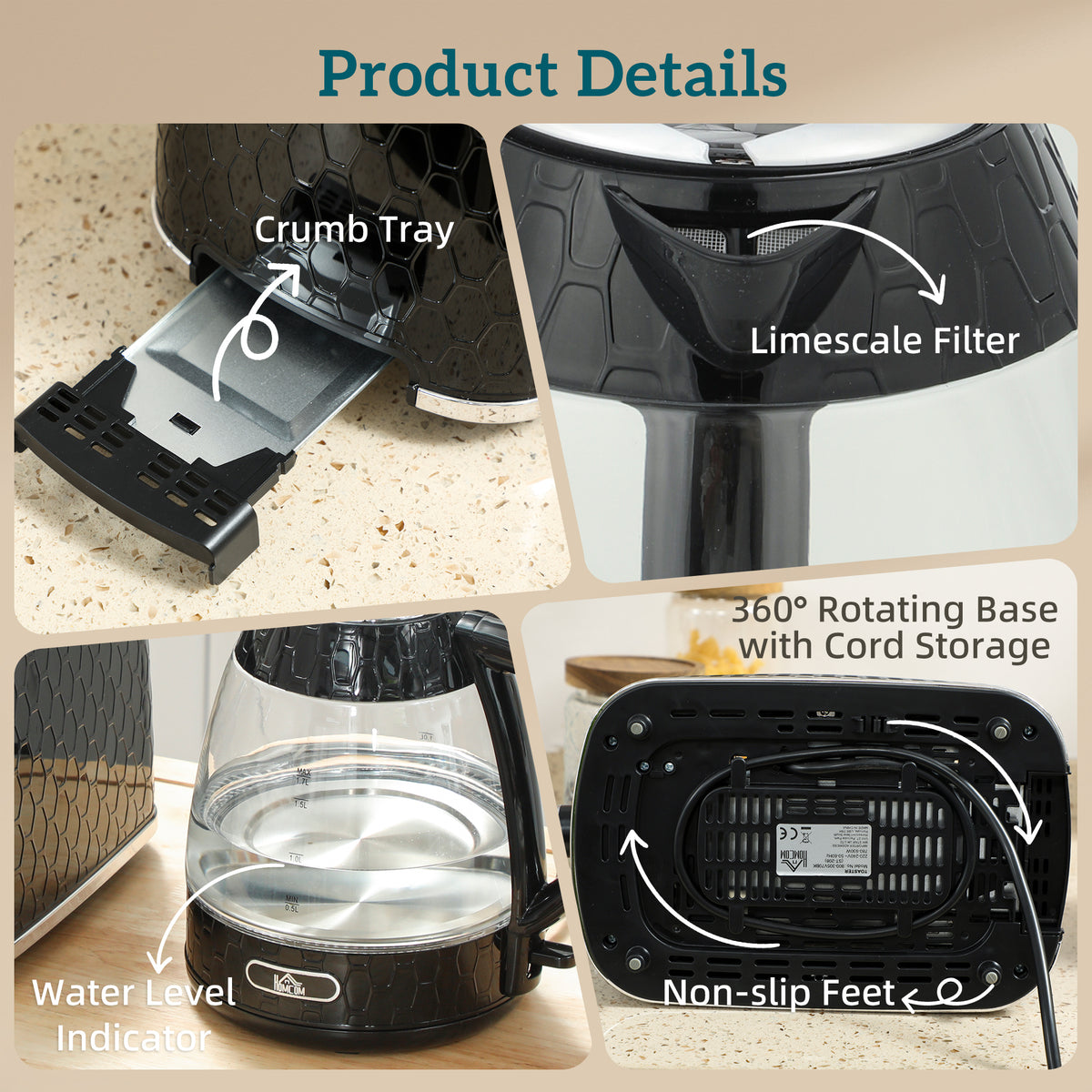 Kettle and Toaster Set, 1.7L 3000W Rapid Kettle with Limescale Filter, 2 Slice Toaster with 7 Browning Controls, Black