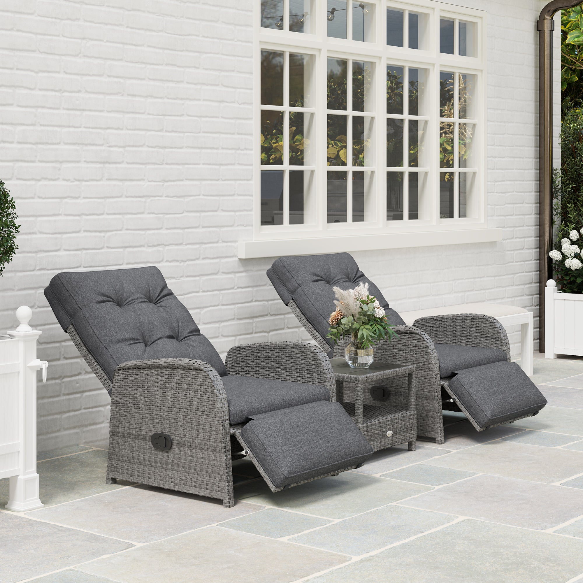 Outsunny 2 Seater Patio Rattan Wicker No Installation Chaise Lounge Sofa Set w/ Cushion for Patio Garden Porch, Grey