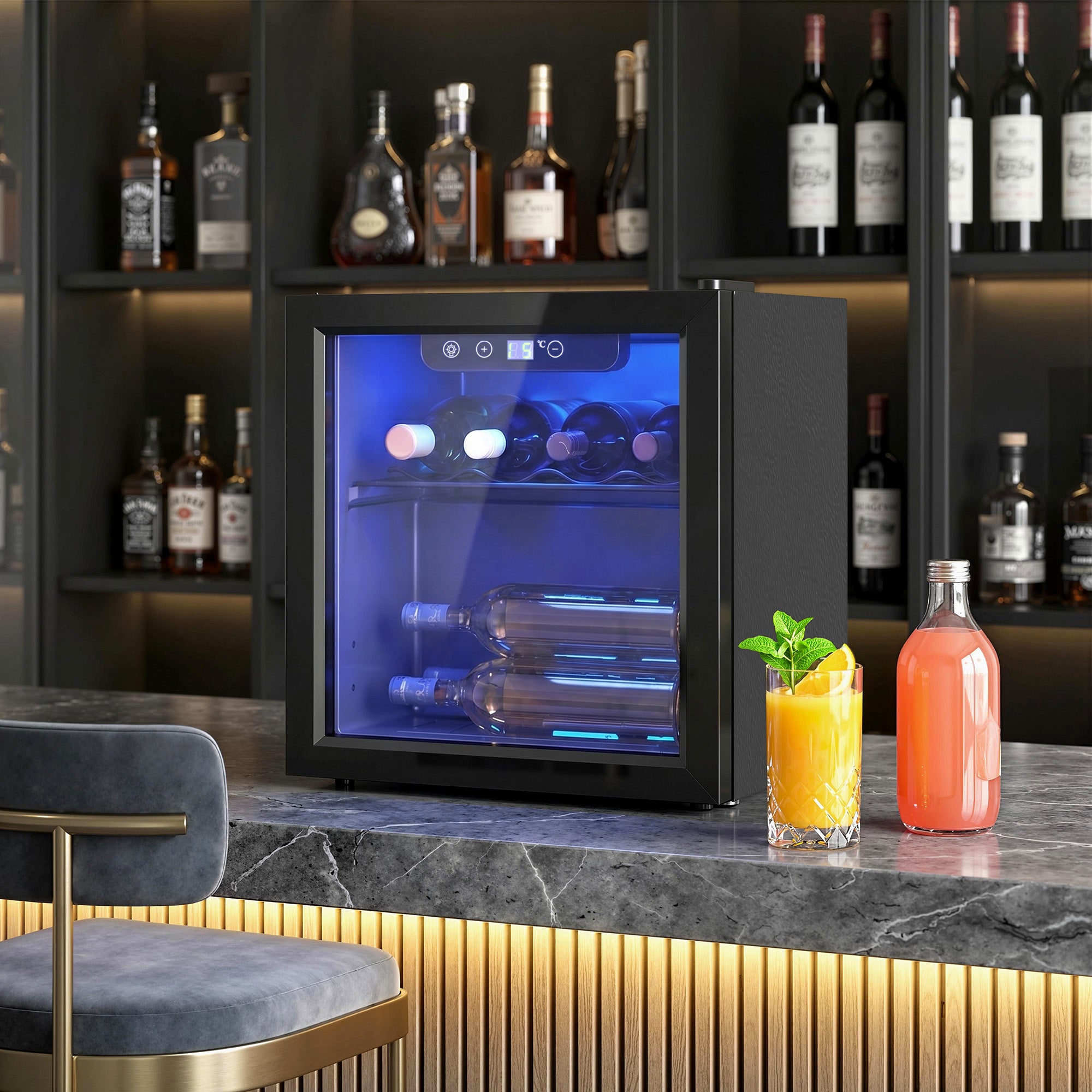 12 Bottle Wine Cooler, 36 Litre Capacity, 4-16°C Tabletop Drinks Wine Fridge with Glass Door, LED Light, Black