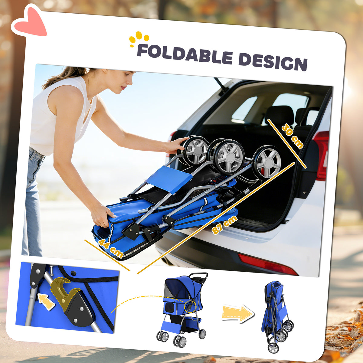 PawHut Dog Pram, Pet Stroller with Reflective Strips, Foldable Cat Stroller with 360° Swivel Wheels, Blue